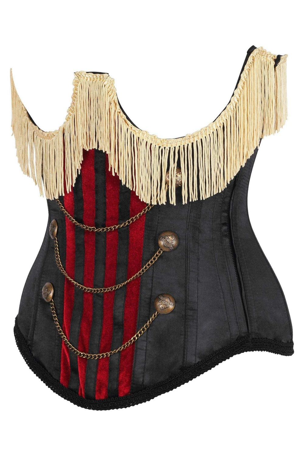 Daisy Corsets Top Drawer Burlesque Underbust Black/Dark Red Steel Boned Corset w/Gold Fringe - Daisy Corsets - Flyclothing LLC