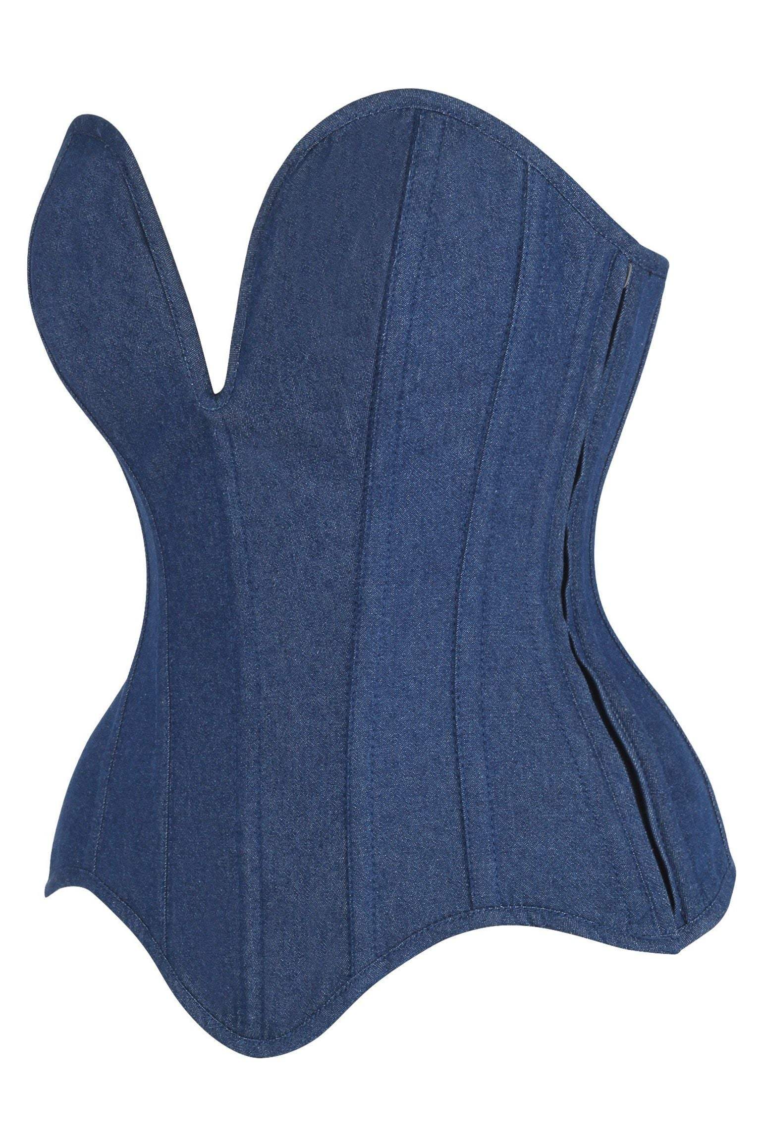 Daisy Corsets Top Drawer Steel Boned Dark Blue Denim Plunge Neckline Overbust Corset - Daisy Corsets - Flyclothing LLC