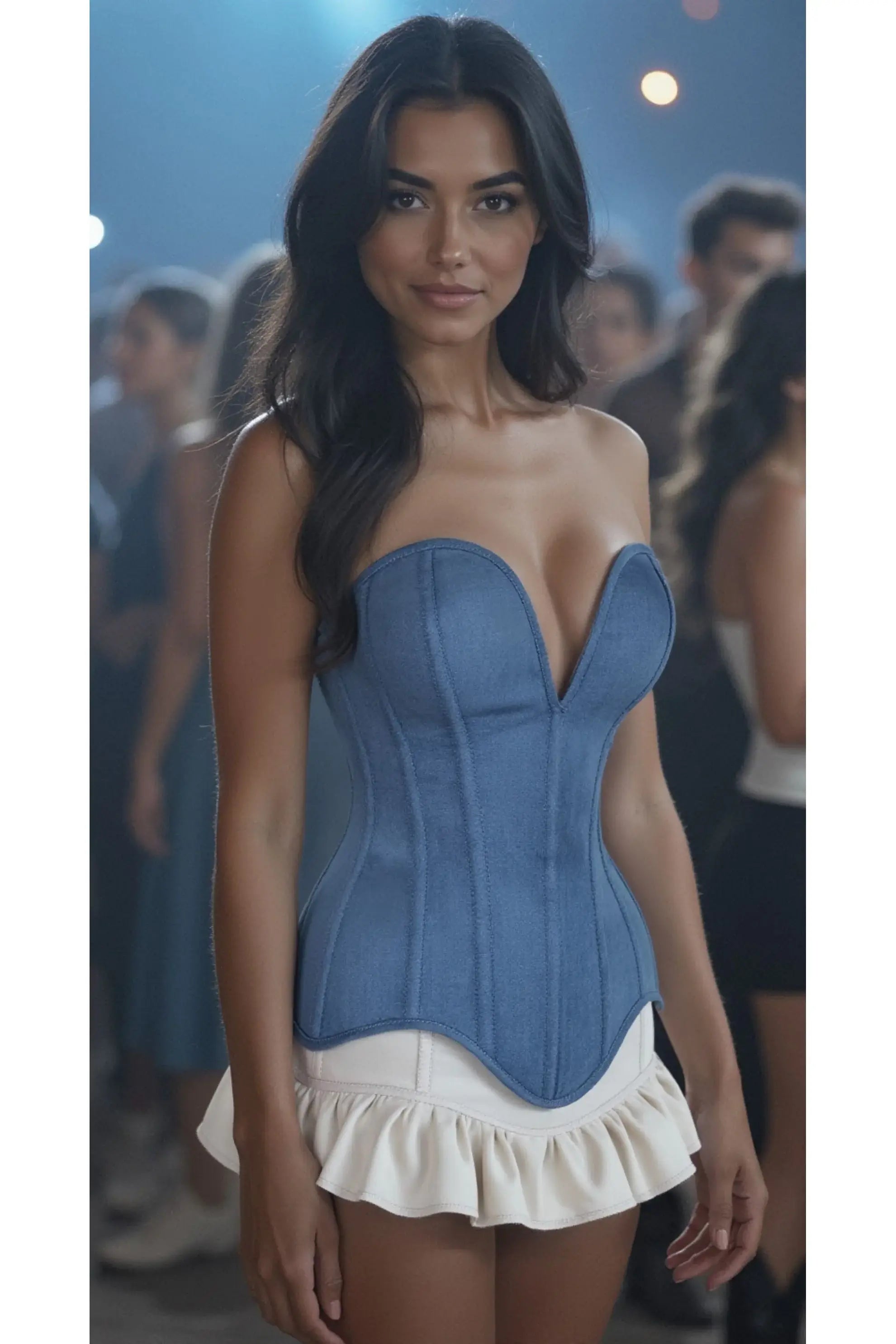 Daisy Corsets Top Drawer Steel Boned Blue Denim Plunge Neckline Overbust Corset - Daisy Corsets - Flyclothing LLC