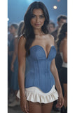 Daisy Corsets Top Drawer Steel Boned Blue Denim Plunge Neckline Overbust Corset - Daisy Corsets