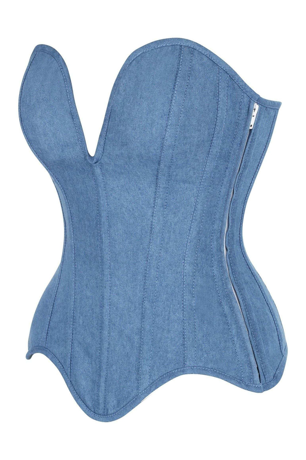Daisy Corsets Top Drawer Steel Boned Blue Denim Plunge Neckline Overbust Corset - Daisy Corsets - Flyclothing LLC