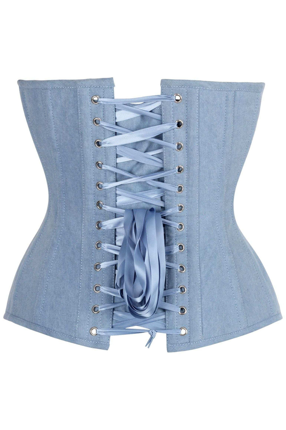 Daisy Corsets Top Drawer Steel Boned Light Blue Denim Plunge Neckline Overbust Corset - Daisy Corsets - Flyclothing LLC