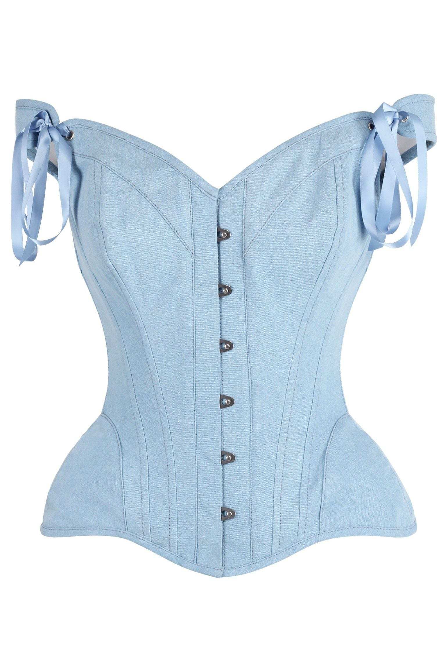 Daisy Corsets Top Drawer Light Blue Denim Steel Boned Corset w/Straps - Daisy Corsets - Flyclothing LLC