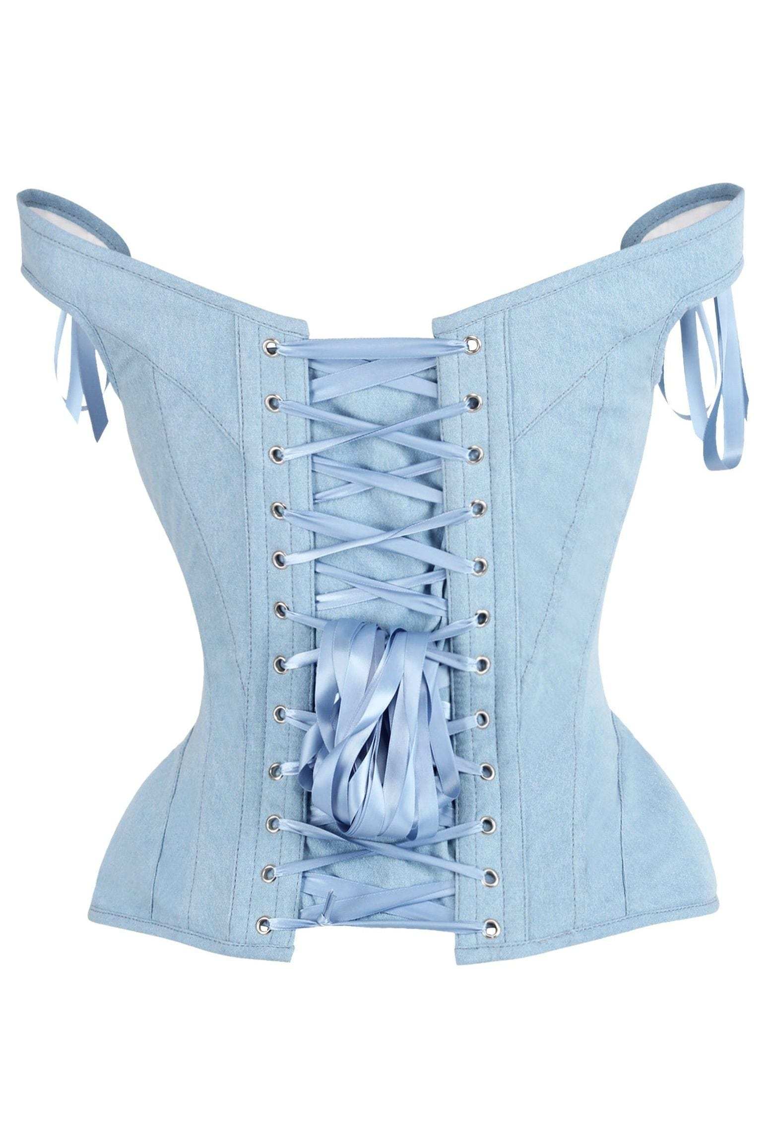 Daisy Corsets Top Drawer Light Blue Denim Steel Boned Corset w/Straps - Daisy Corsets - Flyclothing LLC
