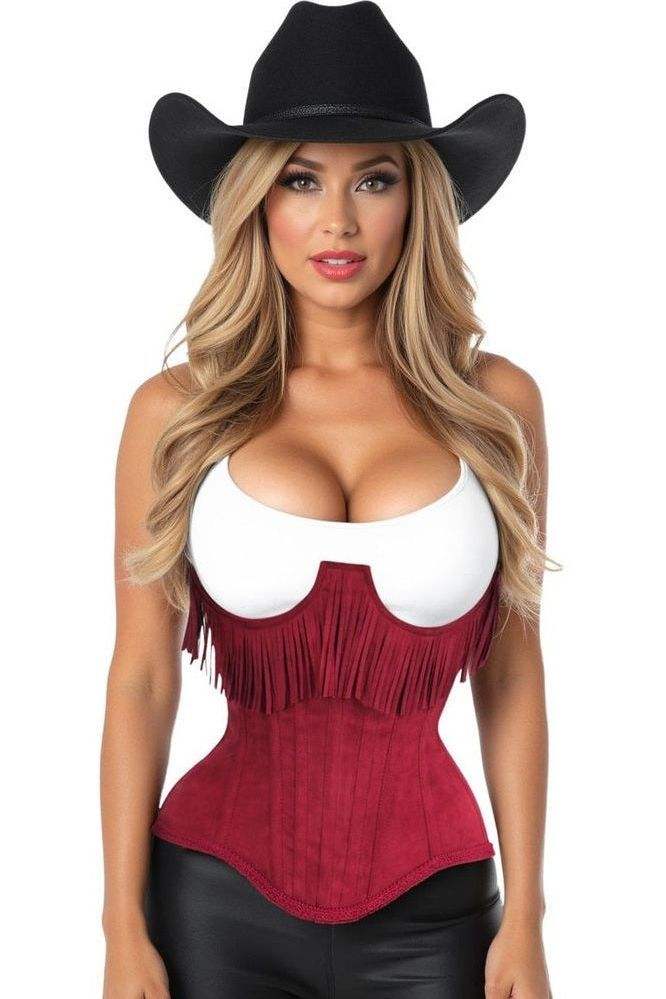 Daisy Corsets Top Drawer Steel Boned Red Suede Underwire Underbust Corset Cincher w/Fringe - Daisy Corsets