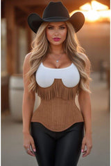 Daisy Corsets Top Drawer Steel Boned Tan Suede Underwire Underbust Corset Cincher w/Fringe - Daisy Corsets