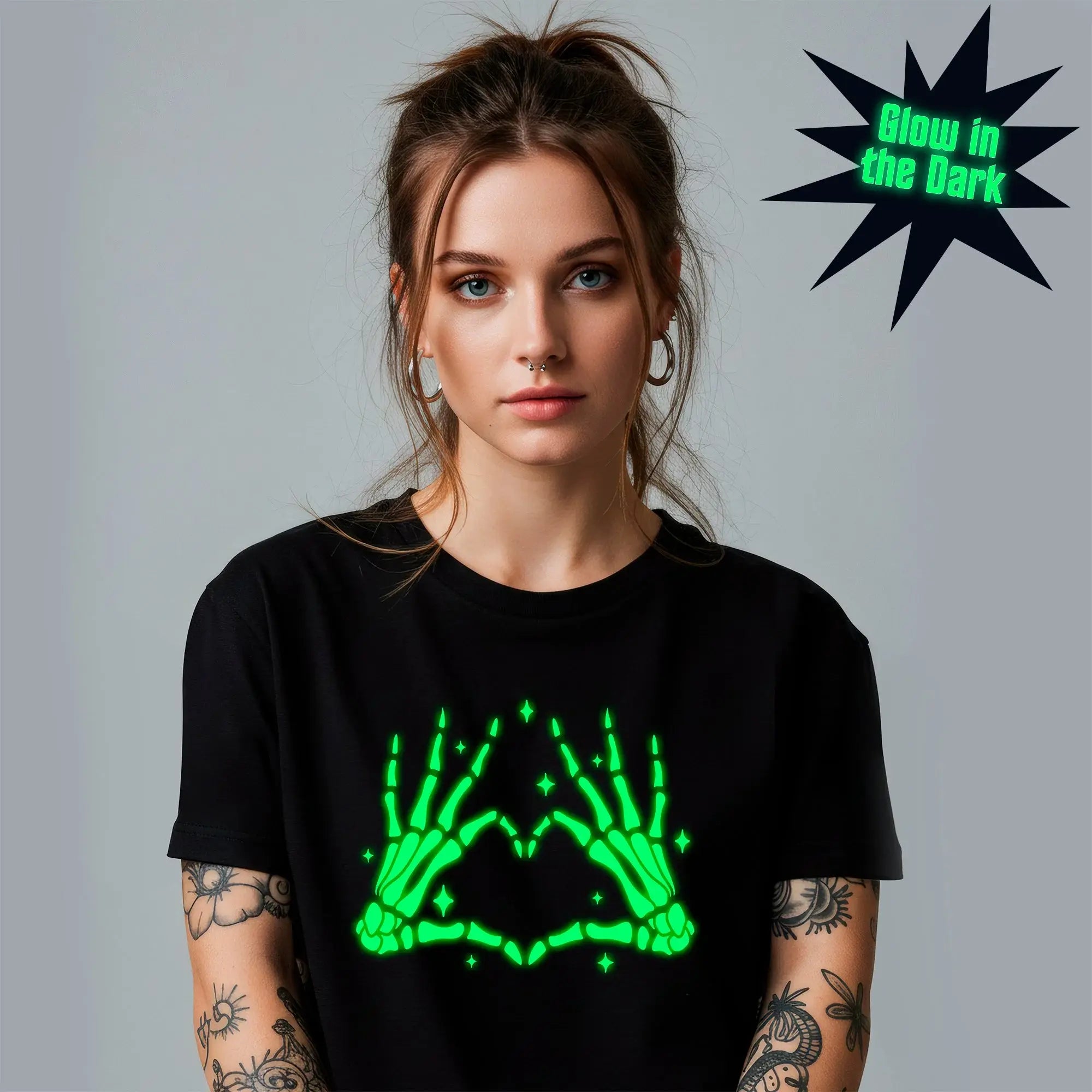Glow in the Dark Dead Inside Heart Skeleton Hands Black Tee Shirt - BodyCandy - Flyclothing LLC