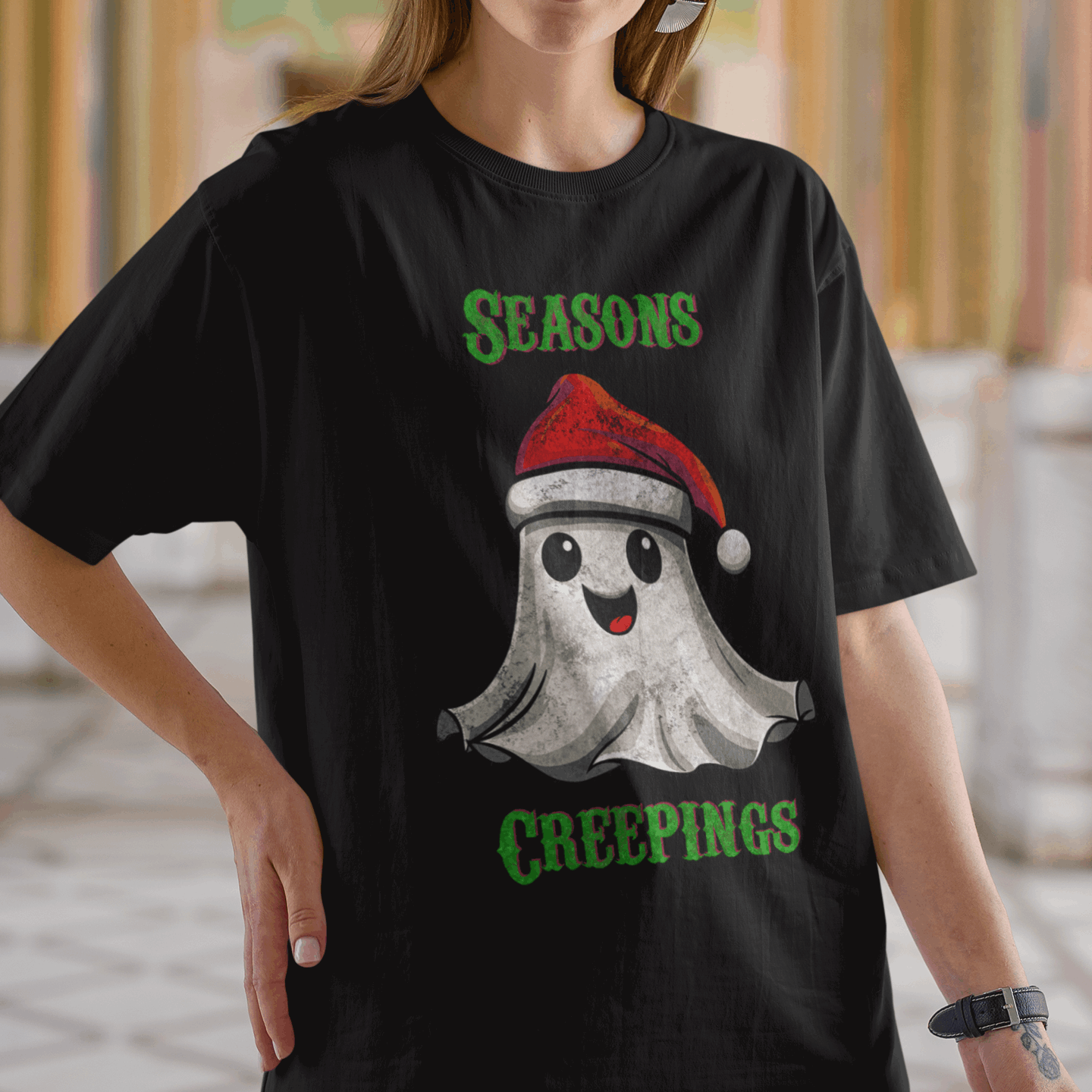 Holiday Christmas Spirit Ghost Black Tee Shirt