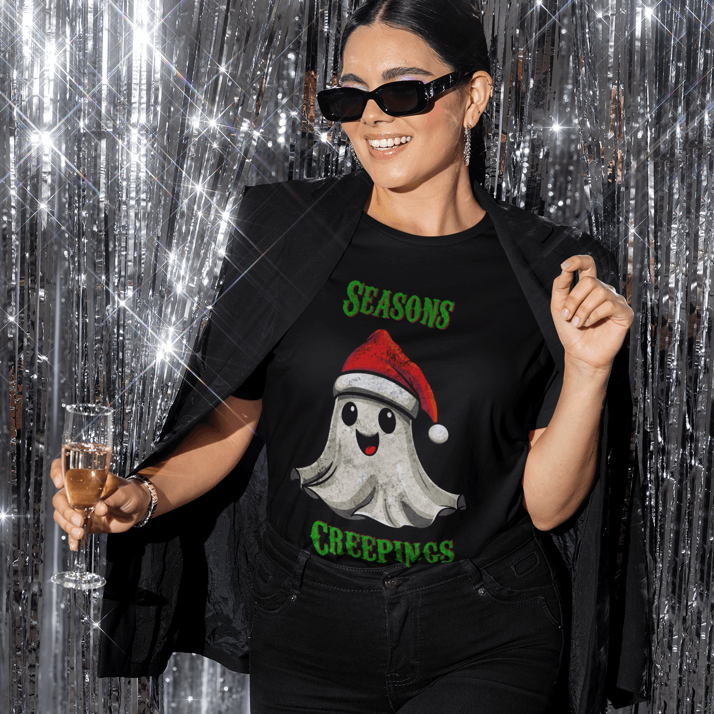 Holiday Christmas Spirit Ghost Black Tee Shirt
