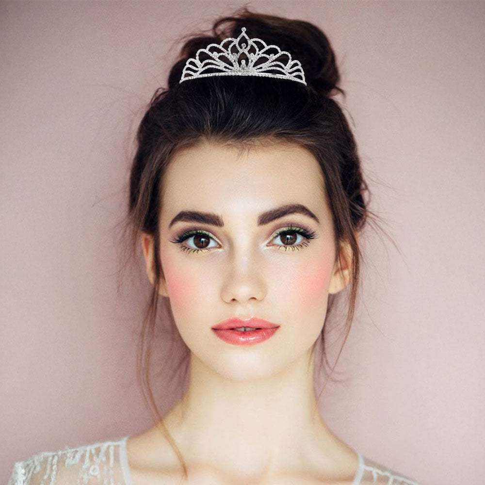 Round Stone Cluster Accent Rhinestone Paved Princess Tiara - Madeline Love - Flyclothing LLC