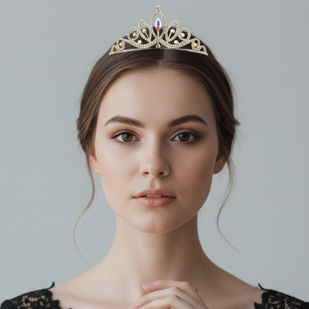 Marquise Stone Cluster Centered Rhinestone Pave Princess Tiara - Madeline Love - Flyclothing LLC
