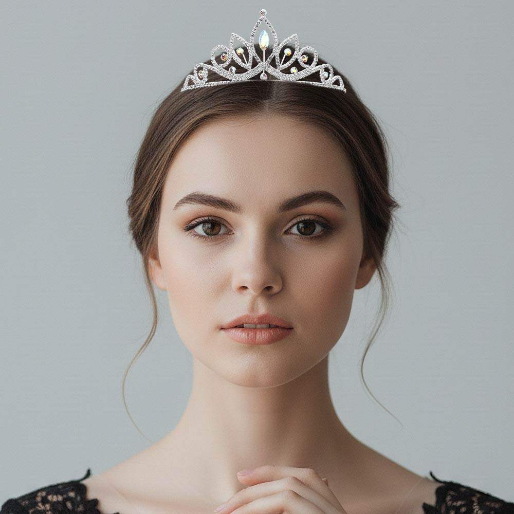 Marquise Stone Cluster Centered Rhinestone Pave Princess Tiara - Madeline Love - Flyclothing LLC