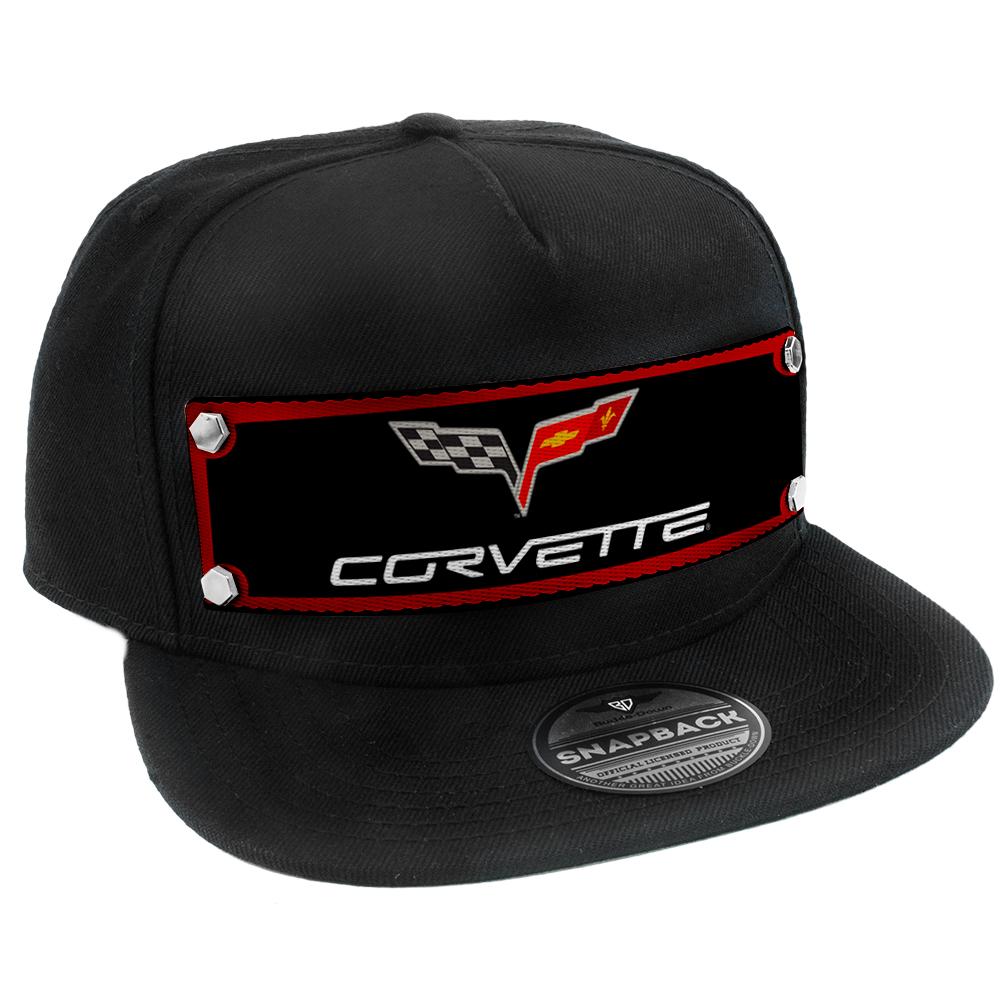 Embellishment Trucker Hat BLACK - Full Color Strap - C6 CORVETTE Logo Red/Black/Gray/White - Buckle-Down - Flyclothing LLC