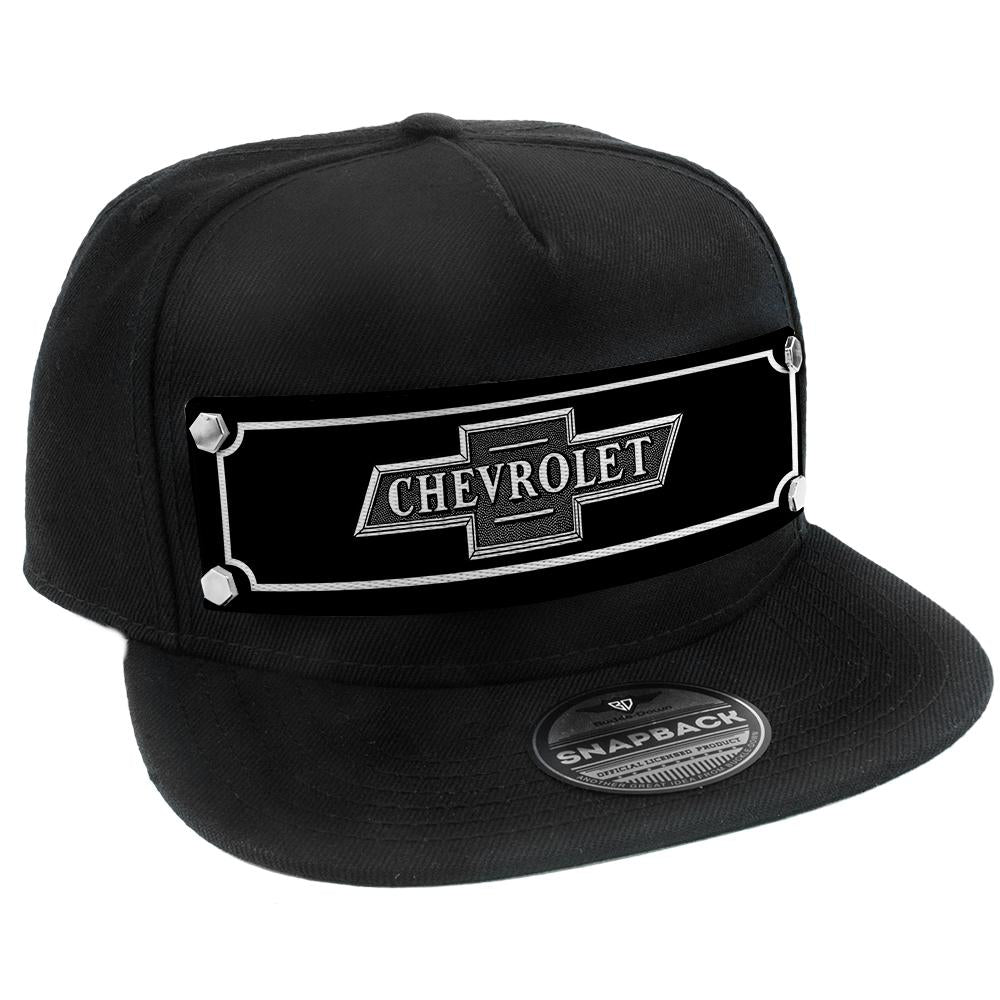 Embellishment Trucker Hat BLACK - Full Color Strap - CHEVROLET Bowtie Emblem Black/White - Buckle-Down - Flyclothing LLC