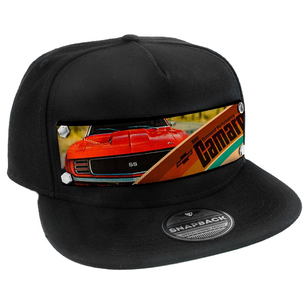 Embellishment Trucker Hat BLACK - Full Color Strap - 1969 CHEVROLET CAMARO COMMAND PERFORMANCE Grill View - Buckle-Down - Flyclothing LLC