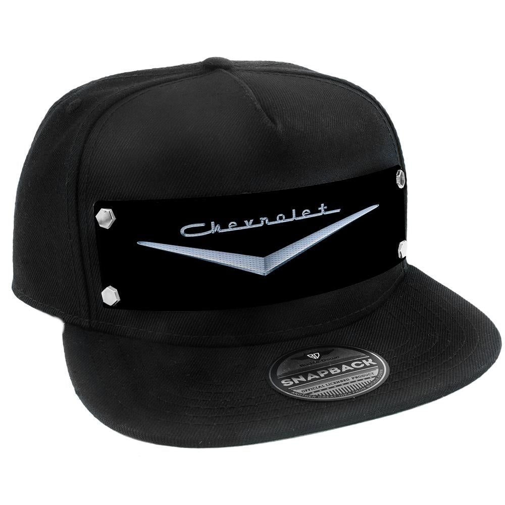 Embellishment Trucker Hat BLACK - Full Color Strap - 1955-57 CHEVROLET V Emblem Black/Silver - Buckle-Down - Flyclothing LLC