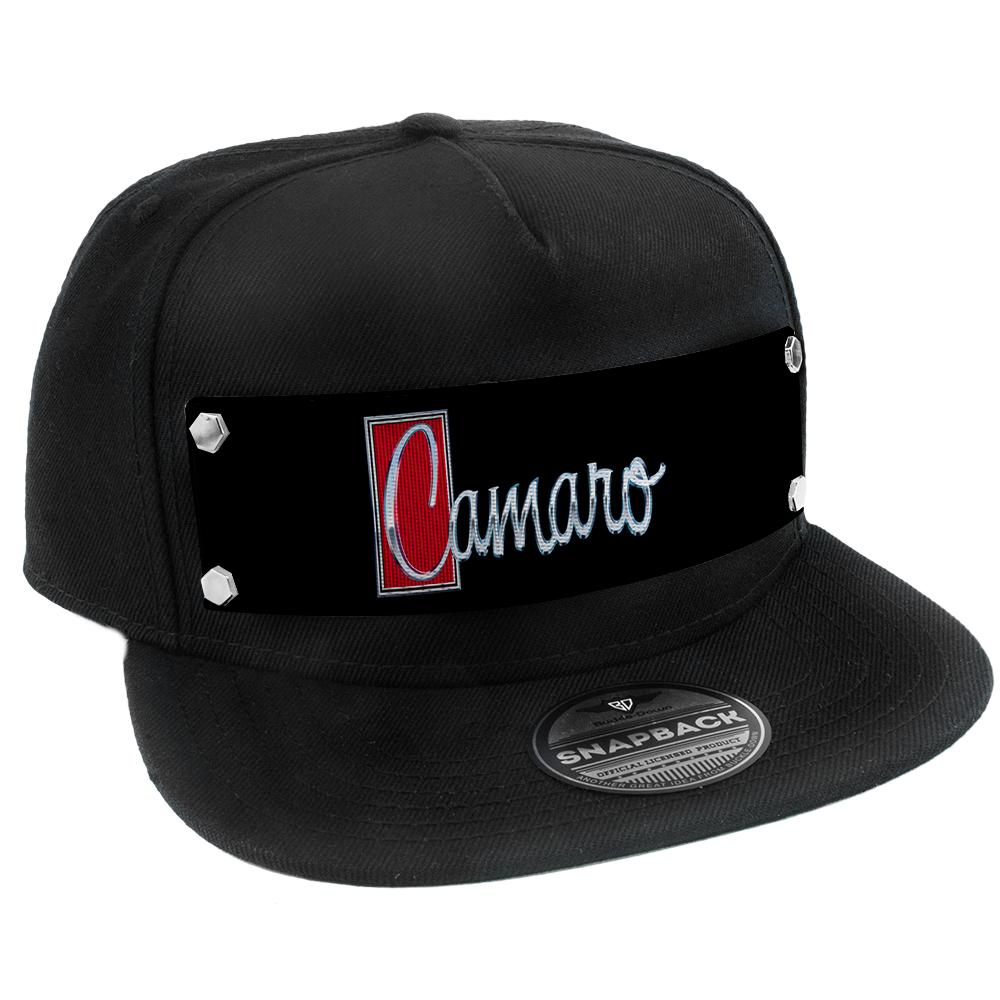 Embellishment Trucker Hat BLACK - Full Color Strap - 1972 CAMARO Script Emblem Black/Silver/Reds - Buckle-Down - Flyclothing LLC