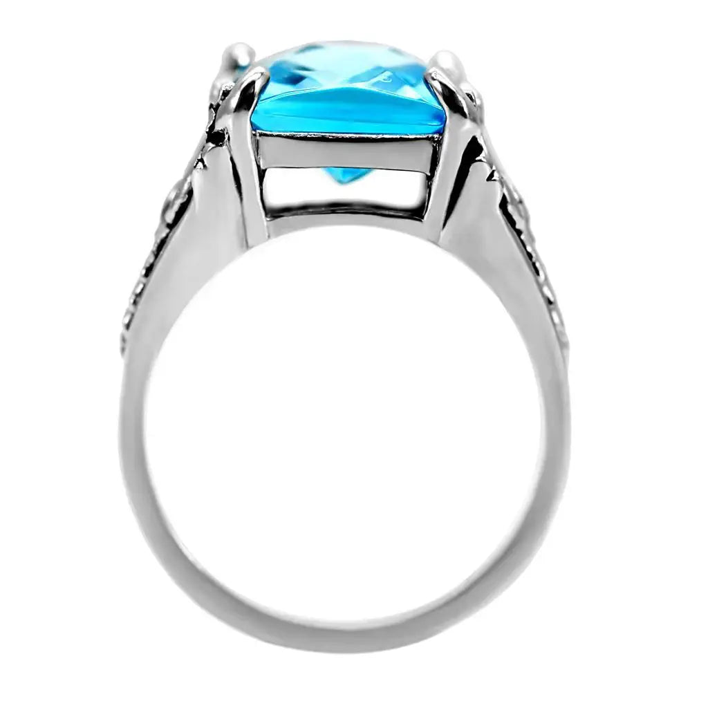 TK021 - High polished (no plating) Stainless Steel Ring with Synthetic Synthetic Glass in Sea Blue - Alamode - Flyclothing LLC