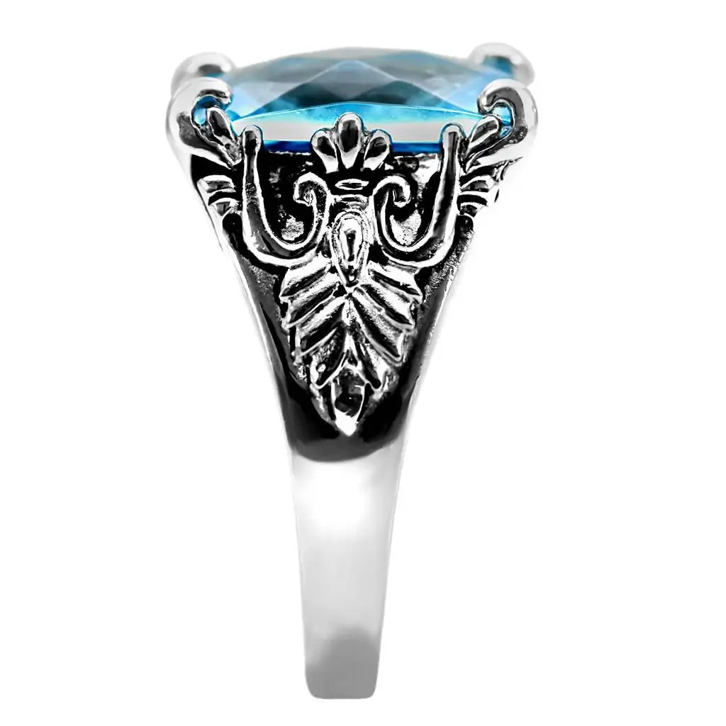 TK021 - High polished (no plating) Stainless Steel Ring with Synthetic Synthetic Glass in Sea Blue - Alamode - Flyclothing LLC