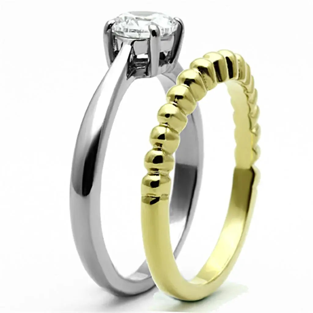 TK1093 - Two-Tone IP Gold (Ion Plating) Stainless Steel Ring with AAA Grade CZ in Clear - Alamode - Flyclothing LLC