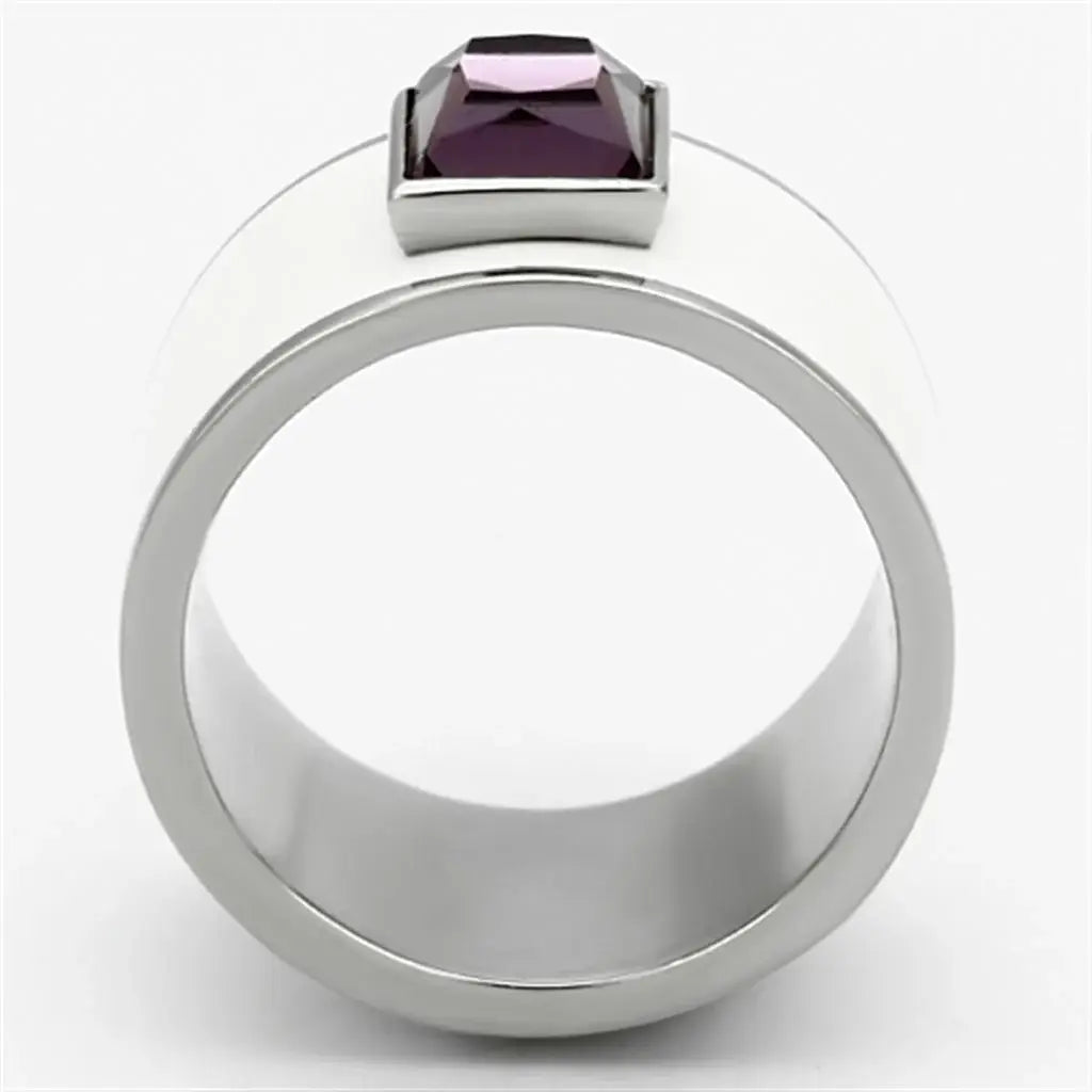 TK1142 - High polished (no plating) Stainless Steel Ring with Synthetic Synthetic Glass in Amethyst - Alamode - Flyclothing LLC