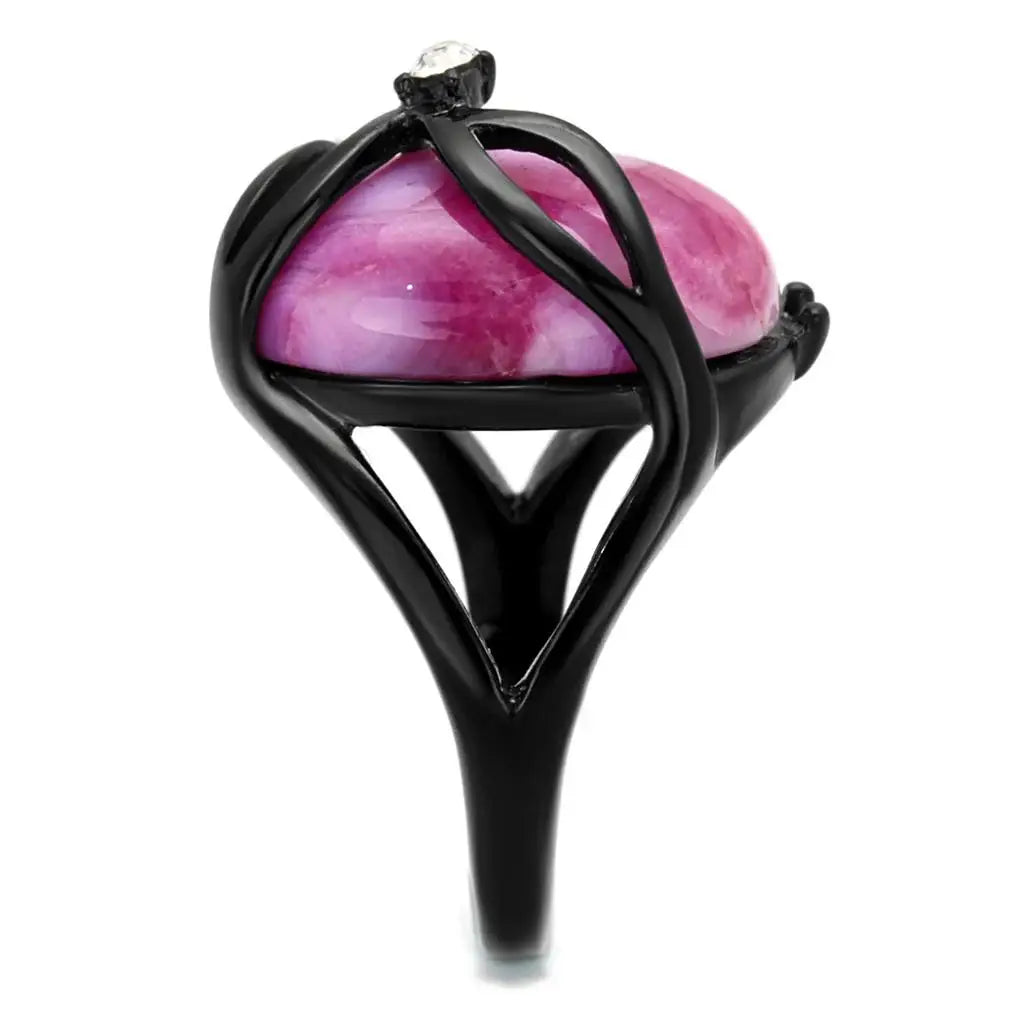 TK1144J - IP Black(Ion Plating) Stainless Steel Ring with Synthetic Cat Eye in Fuchsia - Alamode - Flyclothing LLC