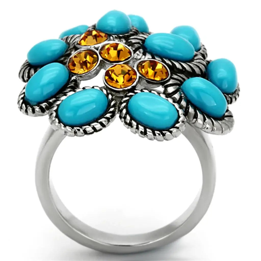 TK1150 - High polished (no plating) Stainless Steel Ring with Synthetic Synthetic Stone in Turquoise - Alamode - Flyclothing LLC