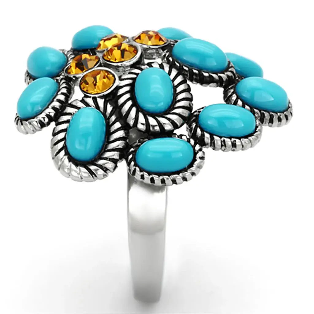 TK1150 - High polished (no plating) Stainless Steel Ring with Synthetic Synthetic Stone in Turquoise - Alamode - Flyclothing LLC