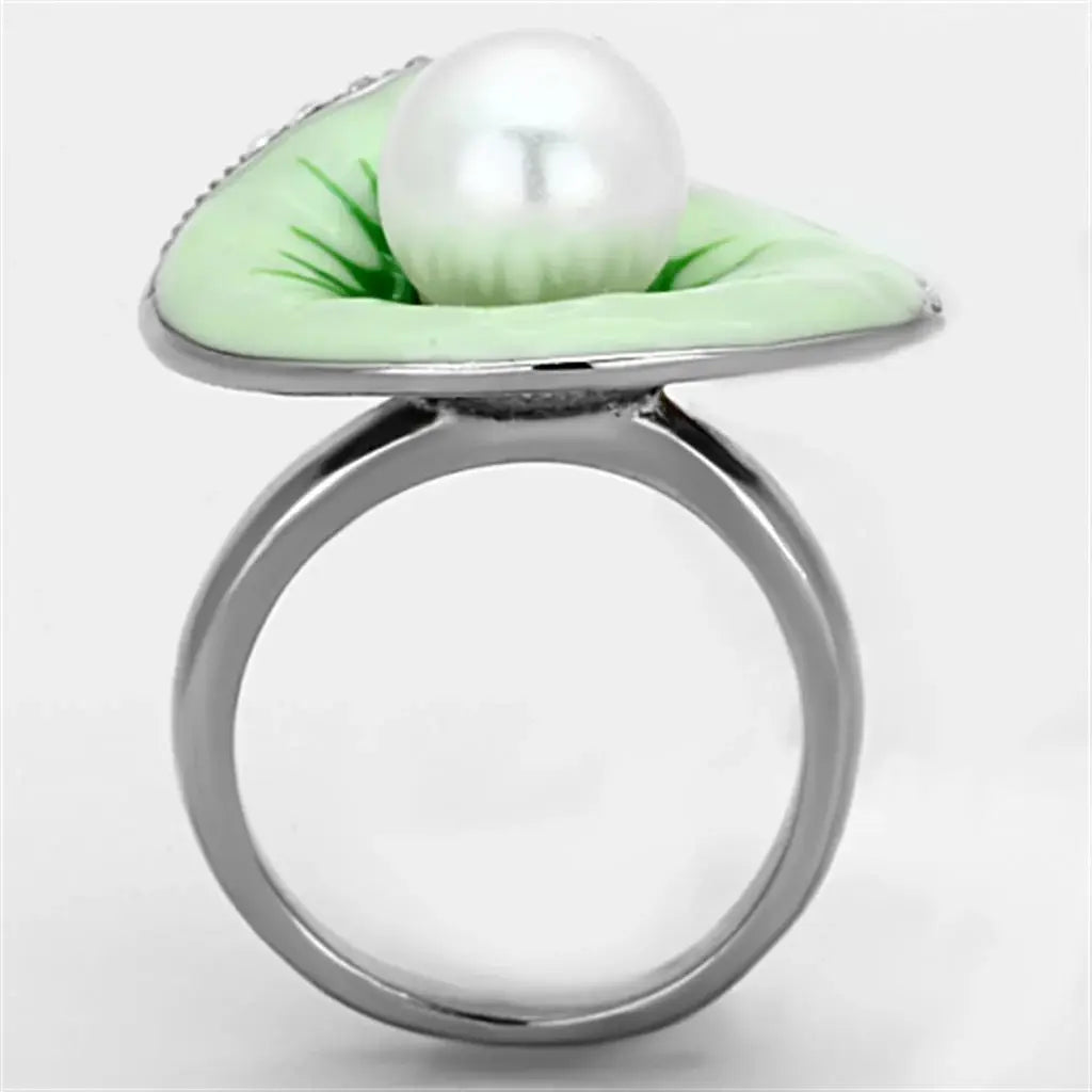 TK1171 - High polished (no plating) Stainless Steel Ring with Synthetic Pearl in White - Alamode - Flyclothing LLC