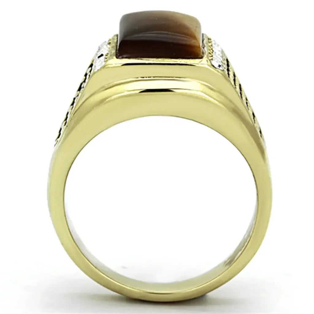TK1187 - IP Gold(Ion Plating) Stainless Steel Ring with Synthetic Tiger Eye in Topaz - Alamode - Flyclothing LLC