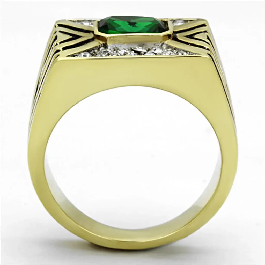 TK1195 - Two-Tone IP Gold (Ion Plating) Stainless Steel Ring with Synthetic Synthetic Glass in Emerald - Alamode - Flyclothing LLC