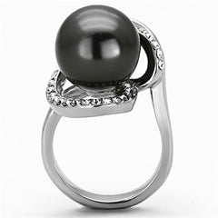 TK1218 - High polished (no plating) Stainless Steel Ring with Synthetic Pearl in Gray