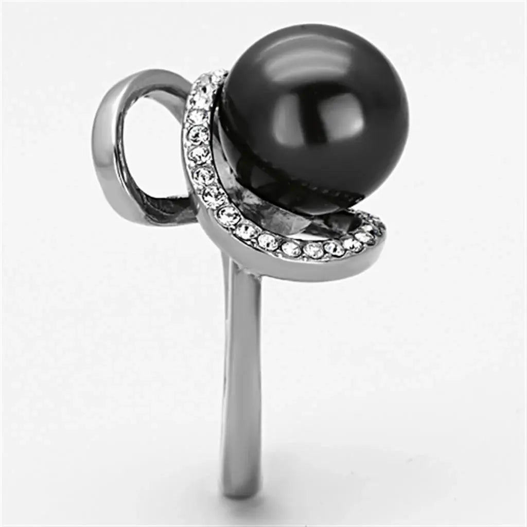 TK1218 - High polished (no plating) Stainless Steel Ring with Synthetic Pearl in Gray - Alamode - Flyclothing LLC