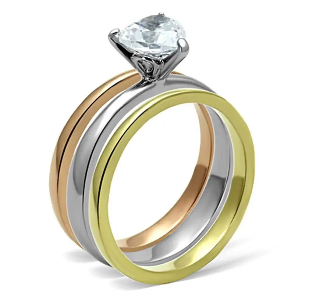 TK1274 - Three Tone IPÃƒÂ¯Ã‚Â¼Ã‹â€ IP Gold & IP Rose Gold & High Polished) Stainless Steel Ring with AAA Grade CZ in Clear - Alamode - Flyclothing LLC