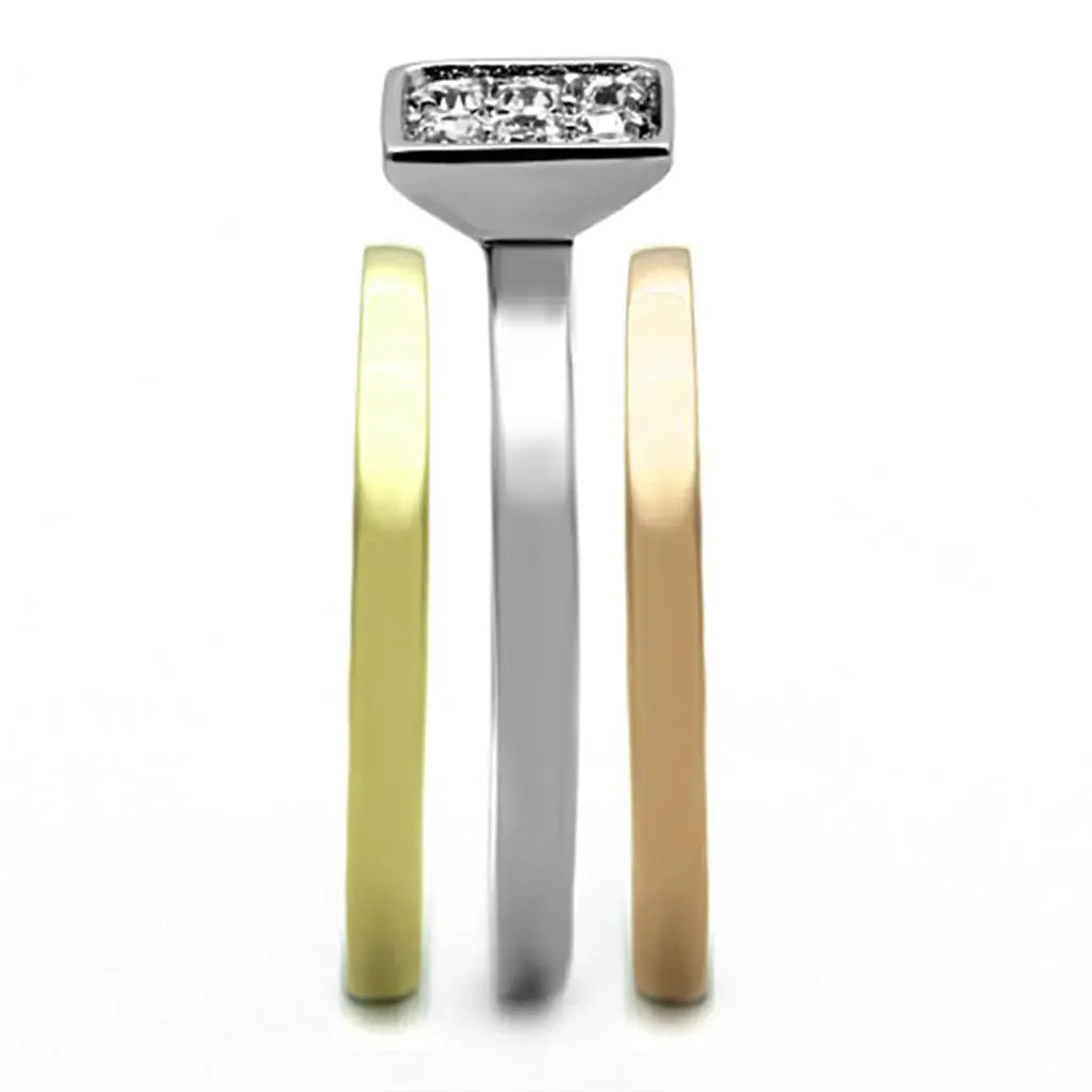 TK1277 - Three Tone IPï¼ˆIP Gold & IP Rose Gold & High Polished) Stainless Steel Ring with Top Grade Crystal in Clear - Alamode - Flyclothing LLC