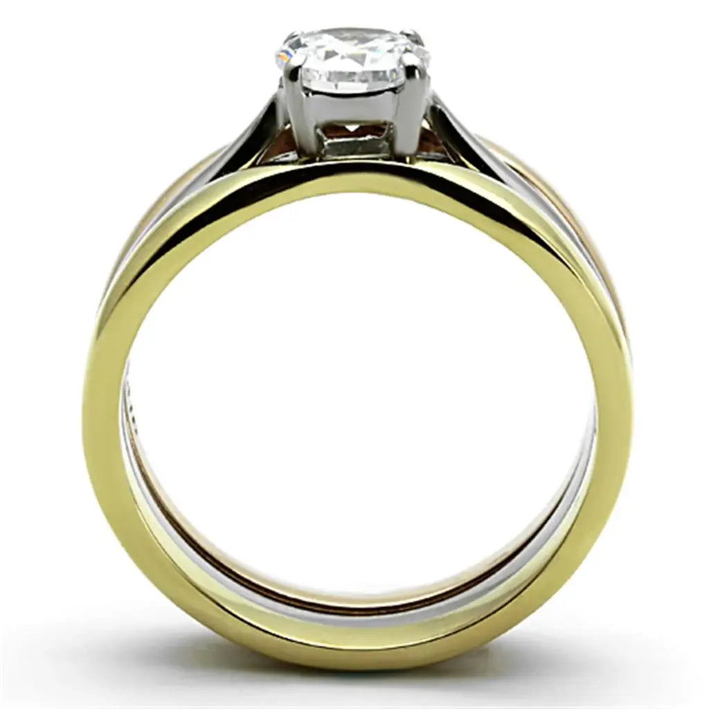TK1278 - Three Tone IPÃ¯Â¼Ë†IP Gold & IP Rose Gold & High Polished) Stainless Steel Ring with AAA Grade CZ in Clear - Alamode - Flyclothing LLC