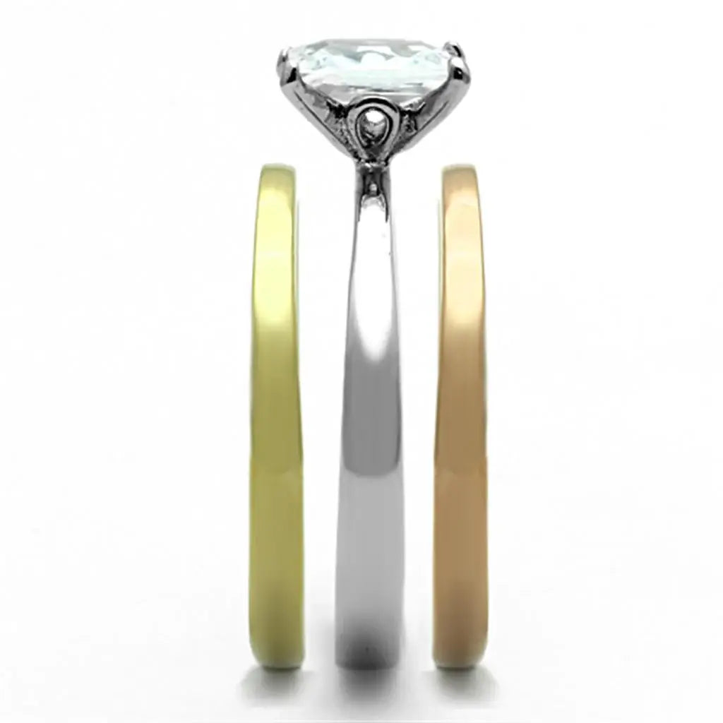 TK1279 - Three Tone IPÃ¯Â¼Ë†IP Gold & IP Rose Gold & High Polished) Stainless Steel Ring with AAA Grade CZ in Clear - Alamode - Flyclothing LLC