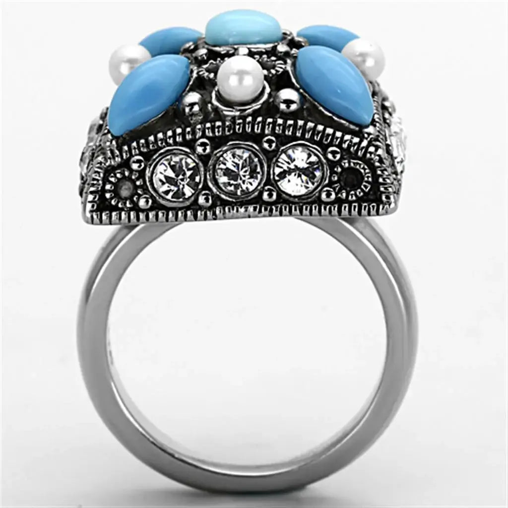 TK1309 - High polished (no plating) Stainless Steel Ring with Synthetic Turquoise in Sea Blue - Alamode - Flyclothing LLC