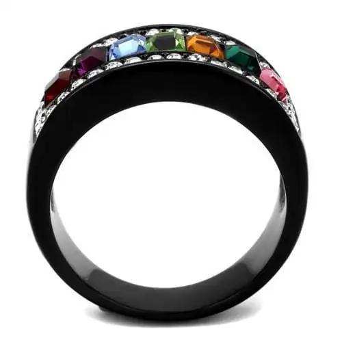 TK1402J - IP Black(Ion Plating) Stainless Steel Ring with Top Grade Crystal in Multi Color - Alamode - Flyclothing LLC
