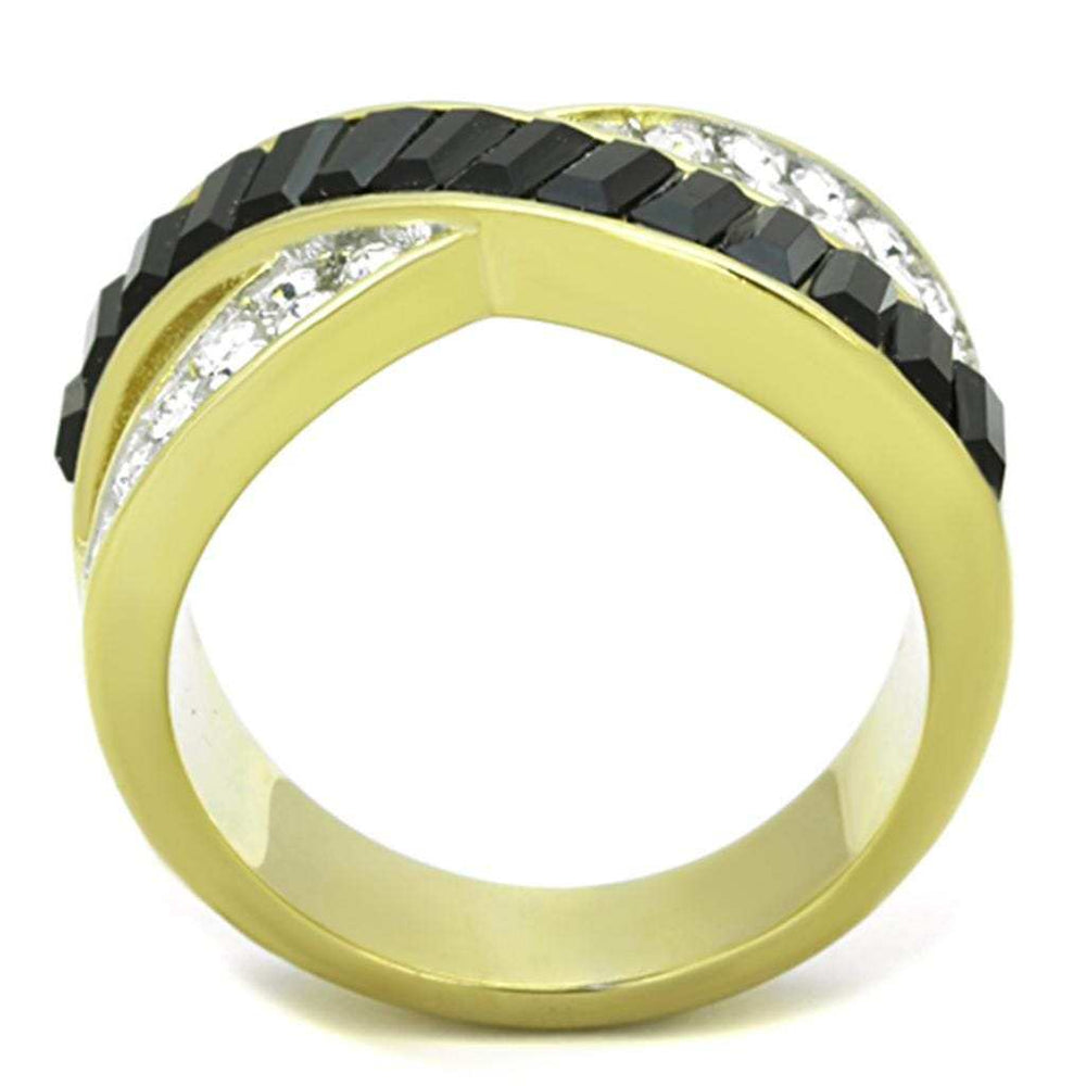 TK1577 - Two-Tone IP Gold (Ion Plating) Stainless Steel Ring with Top Grade Crystal in Jet - Alamode - Flyclothing LLC