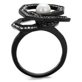 TK1861 - IP Black(Ion Plating) Stainless Steel Ring with Synthetic Pearl in White - Alamode