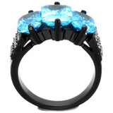 TK1866 - IP Black(Ion Plating) Stainless Steel Ring with AAA Grade CZ  in Sea Blue - Alamode