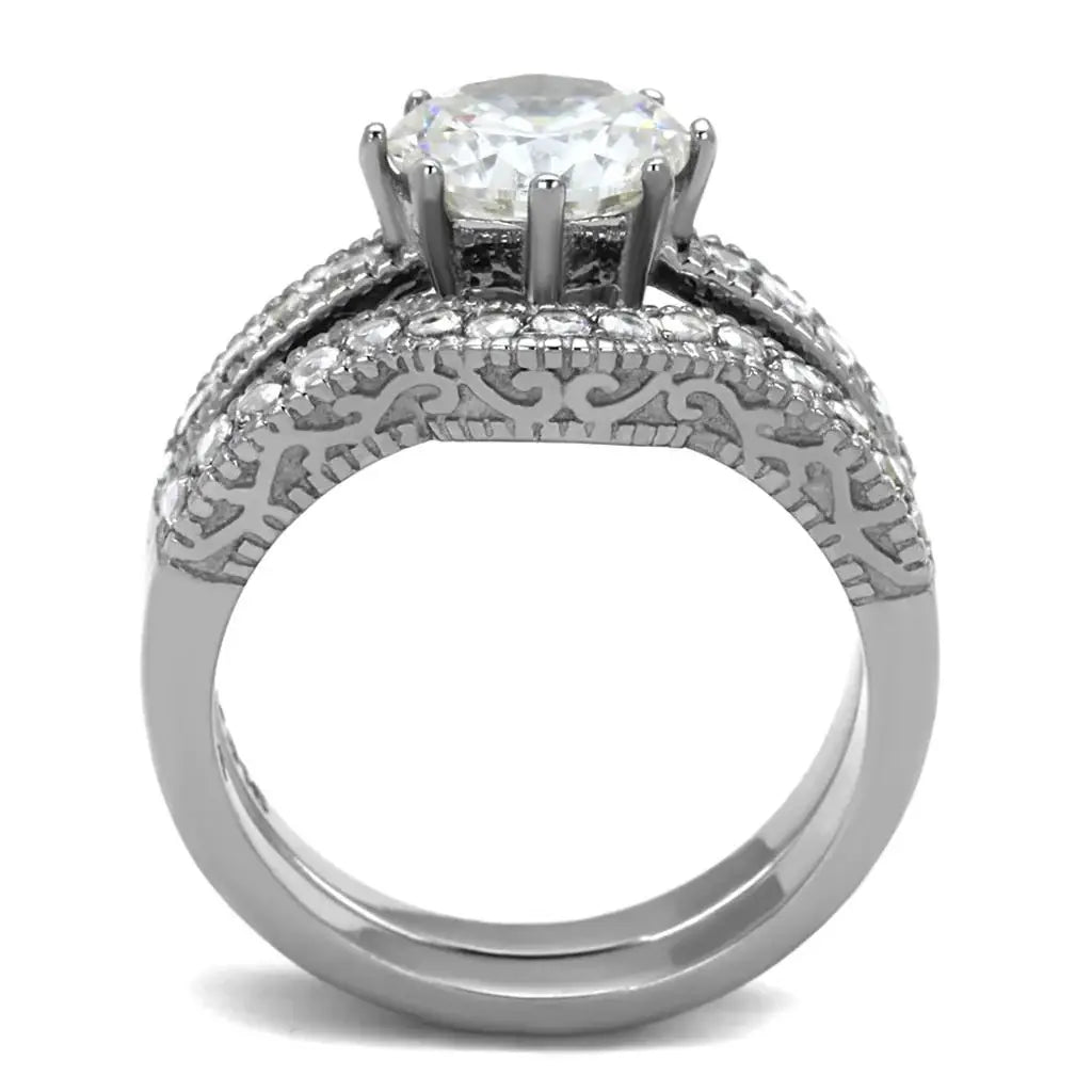 TK1W007 - High polished (no plating) Stainless Steel Ring with AAA Grade CZ in Clear - Alamode - Flyclothing LLC