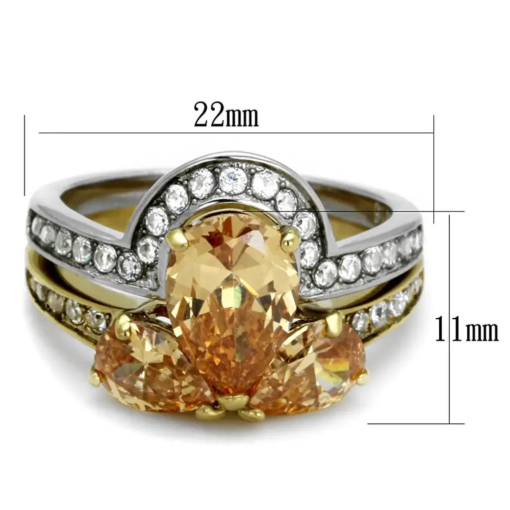 TK2132 - Two-Tone IP Gold (Ion Plating) Stainless Steel Ring with AAA Grade CZ in Champagne - Alamode - Flyclothing LLC