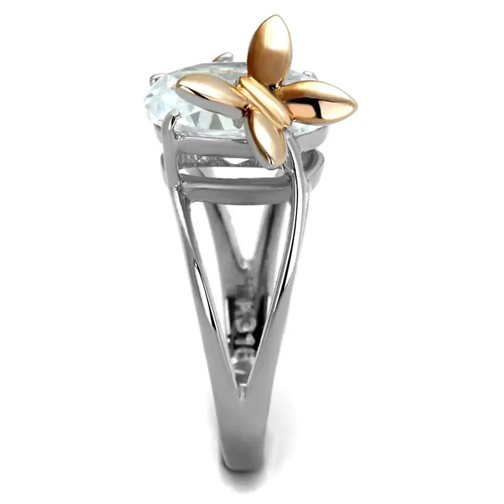 TK2135 - Two-Tone IP Rose Gold Stainless Steel Ring with AAA Grade CZ in Clear - Alamode - Flyclothing LLC