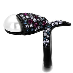 TK2203 - IP Black(Ion Plating) Stainless Steel Ring with Synthetic Pearl in White