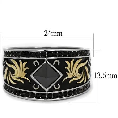 TK2232 - Two-Tone IP Gold (Ion Plating) Stainless Steel Ring with Synthetic Synthetic Glass in Jet - Alamode - Flyclothing LLC