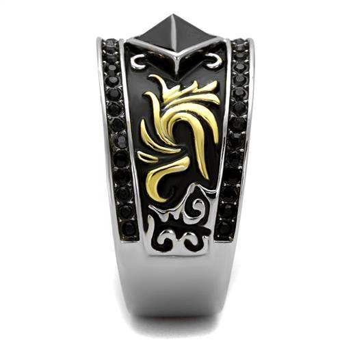 TK2232 - Two-Tone IP Gold (Ion Plating) Stainless Steel Ring with Synthetic Synthetic Glass in Jet - Alamode - Flyclothing LLC