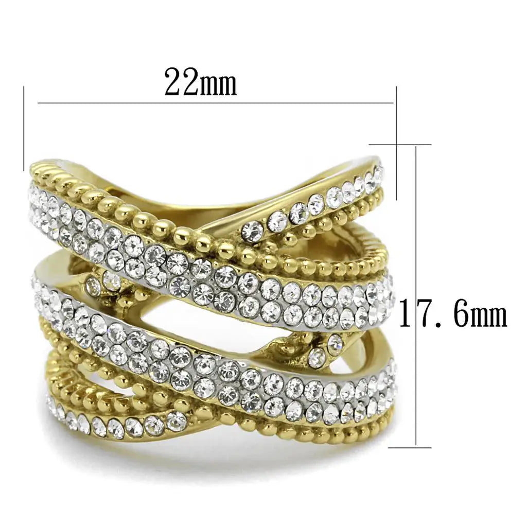 TK2252 - Two-Tone IP Gold (Ion Plating) Stainless Steel Ring with Top Grade Crystal in Clear - Alamode - Flyclothing LLC