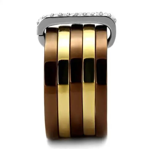 TK2601 - Three Tone IPï¼ˆIP Gold & IP Light coffee & High Polished) Stainless Steel Ring with Top Grade Crystal in Clear - Alamode - Flyclothing LLC